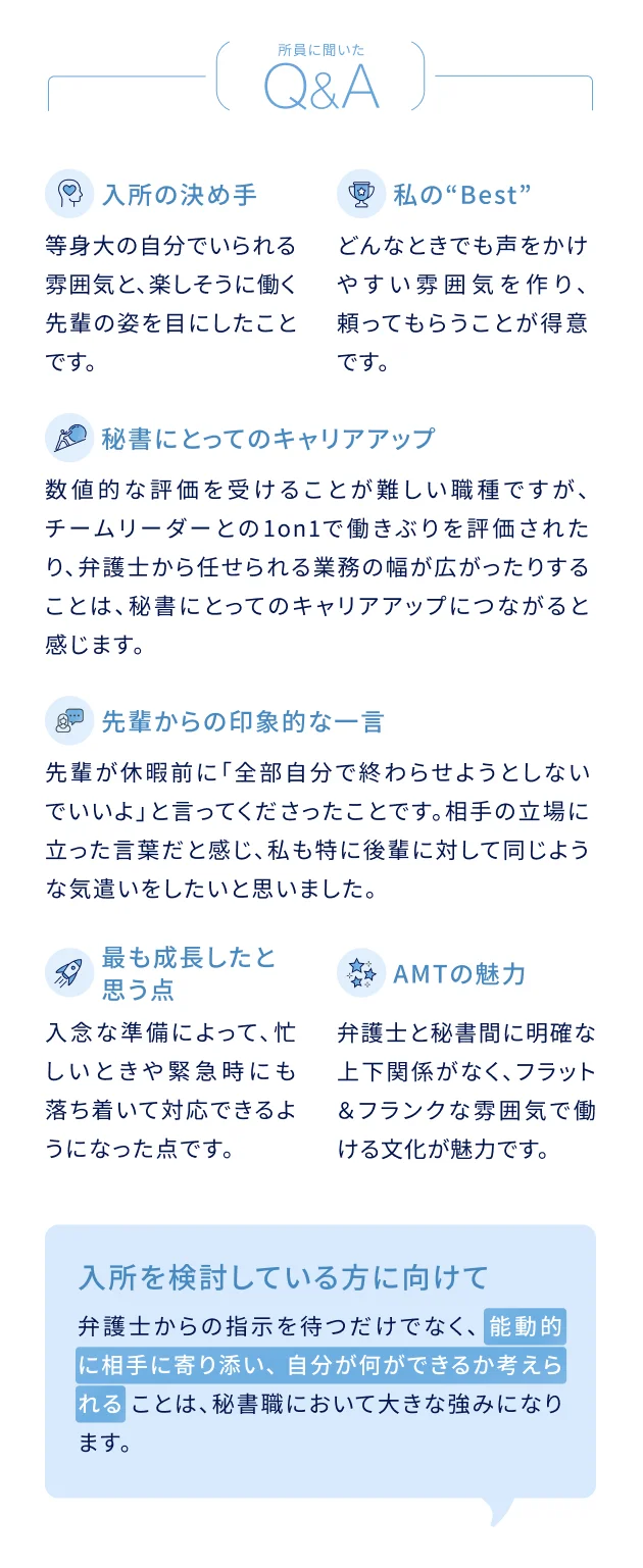 所員に聞いたQ&A 入所の決め手：等身大の自分でいられる雰囲気と、楽しそうに働く先輩の姿を目にしたことです。私のBest：どんなときでも声をかけやすい雰囲気を作り、頼ってもらうことが得意だと気付きました。秘書にとってのキャリアアップ：数値的な評価を受けることが難しい職種ですが、チームリーダーとの1on1で働きぶりを評価されたり、弁護士から任される業務の幅が広がったりすることは、秘書にとってのキャリアアップにつながると感じます。先輩からの印象的な一言：先輩が休暇前に「全部自分で終わらせようとしないでいいよ」と言ってくださったことです。相手の立場に立った言葉だと感じ、私も特に後輩に対して同じような気遣いをしたいと思いました。最も成長したと思う点：入念な準備によって、忙しいときや緊急時にも落ち着いて対応できるようになった点です。AMTの魅力：弁護士と秘書間に明確な上下関係がなく、フラット&フランクな雰囲気で働ける文化が魅力です。入所を検討している方に向けて：弁護士からの指示を待つだけでなく、能動的に相手に寄り添い、自分が何ができるか考えられることは、秘書職において大きな強みになります。